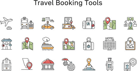 Illustration of travel booking tools and transportation options icons