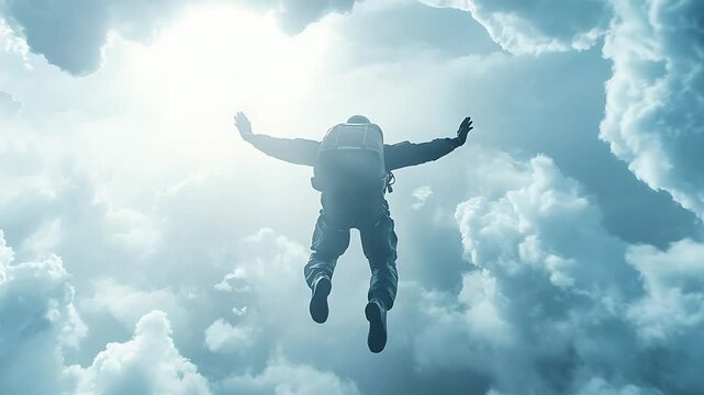 A skydiver gracefully descends through a dramatic cloudscape, capturing the thrill of freefalling