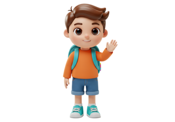 3d render of a cheerful schoolboy with a backpack waving a hand Isolated on transparent background