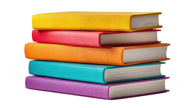 Stack of five colorful hardcover books isolated on transparent background