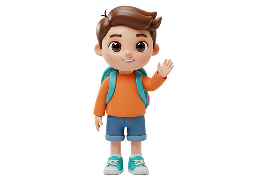 3d render of a cheerful schoolboy with a backpack waving a hand Isolated on transparent background