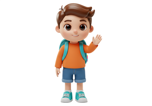 3d render of a cheerful schoolboy with a backpack waving a hand Isolated on transparent background