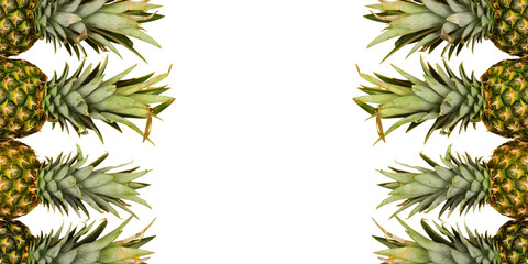 A clean white background is framed by vertically aligned pineapple tops on both sides, with their green spiky leaves pointing inward.