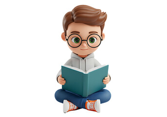 3d rendered cartoon boy reading book sitting cross legged Isolated on transparent background
