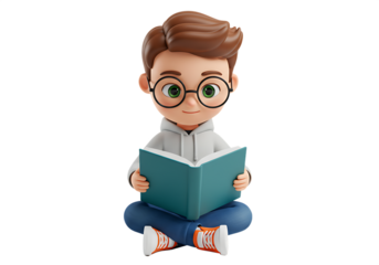 3d rendered cartoon boy reading book sitting cross legged Isolated on transparent background