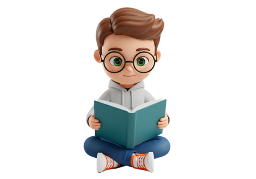 3d rendered cartoon boy reading book sitting cross legged Isolated on transparent background