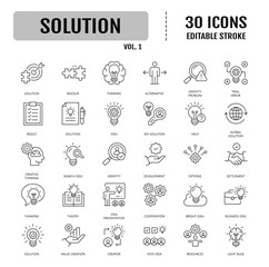 Solution line editable icon set. Containing problem solving, resolve, alternative, answer, maze, issue, and more. Vector illustration
