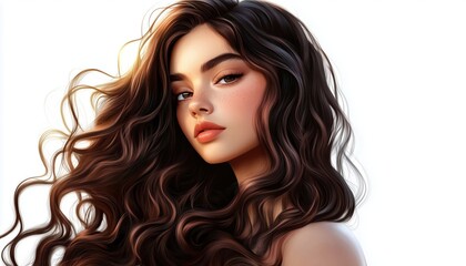 Fototapeta premium Stunning Brunette Beauty With Gorgeous Long Curls: Fashion Model'S Stunning Wavy Hair Stands Out From The Crowd. A Sight To Behold.