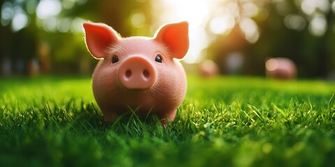 Piglet standing on green grass in a sunny field during afternoon hours with blurred background