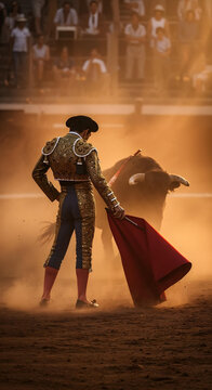 Matador and charging bull frozen mid-action in dusty arena glow.