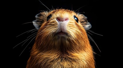 Close up Portrait of an Adorable Red Guinea Pig Looking Upward Against a Black Background