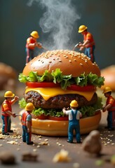 Burger scene where miniature construction workers in safety gear appear to be “building” a steaming hot hamburger, complete with lettuce, tomato, cheese, and a sesame seed bun.