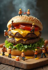 Burger scene where miniature construction workers in safety gear appear to be “building” a steaming hot hamburger, complete with lettuce, tomato, cheese, and a sesame seed bun.