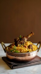 Mutton biryani, topped with a tender lamb shank, fried onions, and fresh herbs, set on a dark cloth over marble with a warm backdrop—capturing the essence of indulgent Indian cuisine.