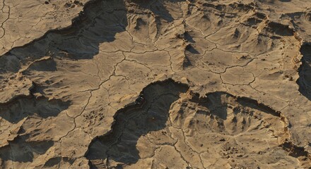Aerial view of dry cracked desert terrain with deep erosion fissures and stratified earth layers illuminated by strong shadows