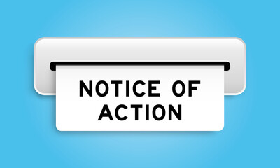 White coupon banner with word notice of action from machine on blue color background