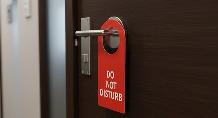 Red "Do Not Disturb" sign hangs on a dark brown hotel room door handle, suggesting privacy and a peaceful stay.