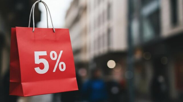 Red shopping bag displaying 5 percent discount
