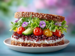 Healthy vegan sandwich with riceberry bread, antioxidants, fresh ingredients, fiber-rich superfood, realistic food photography for advertisement, cookbook presentation and cafe menu.