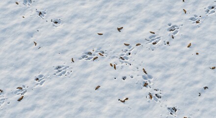 Animal tracks and scattered brown leaves on fresh white snow bathed in natural light