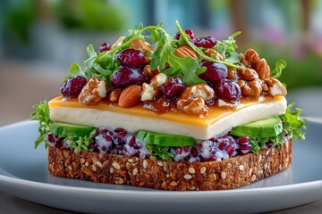 Wholesome riceberry sandwich, rich in fiber and antioxidants, vegan cuisine, healthy whole grain meal suitable for cookbook or menu.