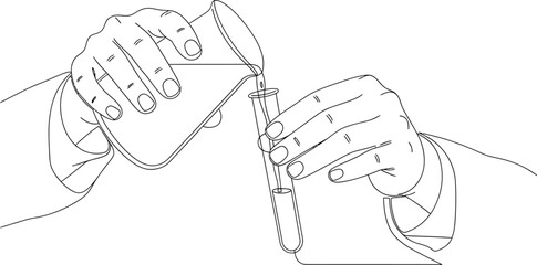 Scientific Experiment: Hands Pouring Liquid from Beaker into Test Tube Line Art Illustration
