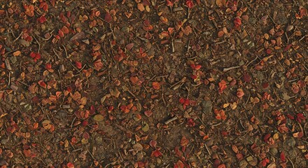 Autumn forest floor with reddishbrown leaves dirt small rocks and twigs under natural light