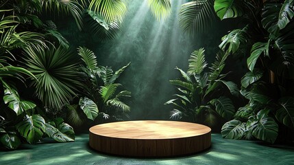 Wooden podium surrounded by lush tropical foliage.
