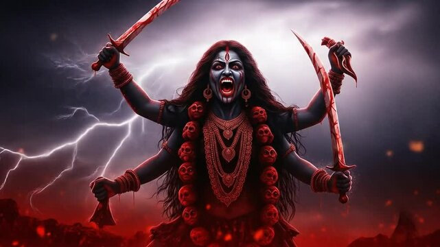 Dark mythological warrior goddess with multiple arms wielding swords in stormy night lighting