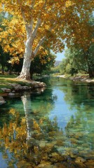 Bright autumn colors reflect in tranquil river waters beside majestic trees and golden leaves under a clear blue sky
