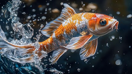 Vibrant Koi Fish Swimming in Crystal Clear Water with Bubbles