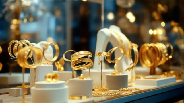 Elegant display of gold bracelets and jewelry in a luxury retail shop window