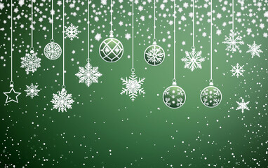 Green Christmas Background with Hanging Ornaments and Snowflakes