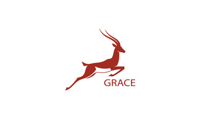 Maroon Antelope Silhouette Leaping Above the Word GRACE, Symbolizing Elegance, Agility, and Nature-Inspired Brand Identity