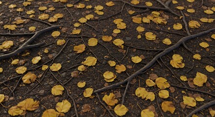 Closeup of a forest floor with dark soil prominent gnarled tree roots and scattered yellow autumn leaves