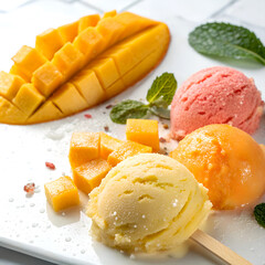 Assorted fruit sorbet scoops with fresh mango cubes and mint, vibrant summer dessert.