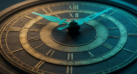 Antique clock face with Roman numerals and ornate hands, showcasing a timeless design and rich, dark patina.