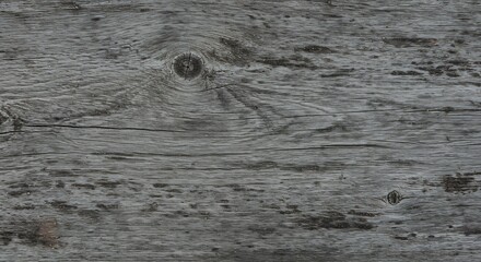 Closeup of aged gray weathered wood with prominent grain horizontal cracks and two knots