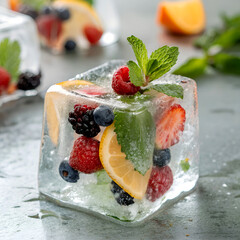 Frozen ice cube with assorted berries, lemon slice, and mint, refreshing summer accent.