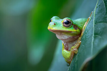 Macro close-up of a vibrant green tree frog clinging to a leaf in its natural habitat. Captures fine detail of its eyes, skin, and toes&mdash;ideal for wildlife, amphibians, or educational materials.