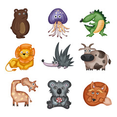 bright set of animals children's style cartoon illustration hand drawn
