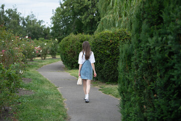 A young woman strolls along a winding garden path, her back turned as she enjoys nature's beauty. Lush green bushes and vibrant flowers line the way on a cloudy day