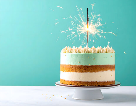 Single Layer Birthday Cake with Sparkler on Cyan Background