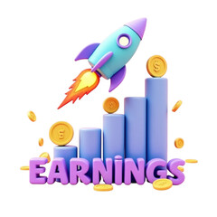 3d cartoon rocket launching upwards above bar graph with earnings text and coins isolated on transparent background