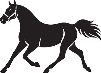 Running horse with halter silhouette sketch, Galloping horse headgear black drawing