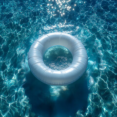 inflatable pool float in clear blue water summer background swimming pool scene from above float in water 