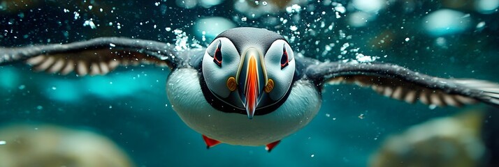 Atlantic Puffin Underwater Close up A Vibrant Bird Swimming in Ocean Water