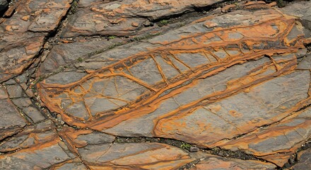 Closeup of fractured grey rocks with vibrant orangebrown mineral patterns and small green growth
