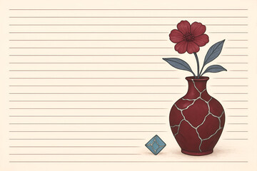Crimson blossom gracefully in a textured vase against a lined backdrop evokes calm and artistic expression in a minimal design.