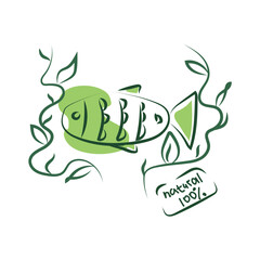 Vector icon of healthy food, fish. Vector logo of fish and plants, symbolizing only ecological products. Also this vector illustration can be used as a sticker. Only healthy food!